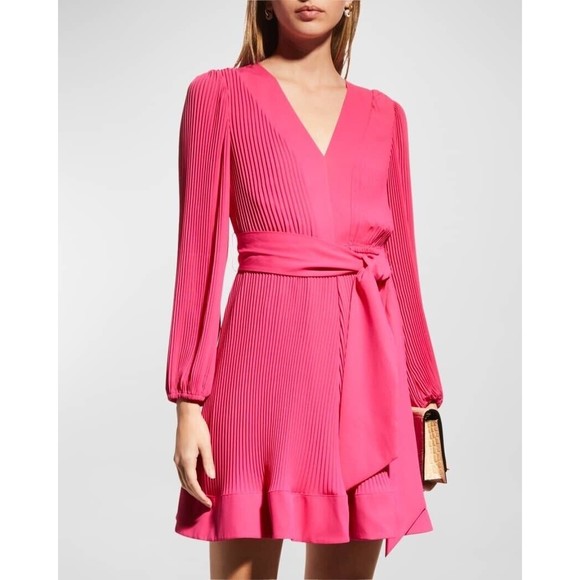 Milly Liv Pleated Belted Long Sleeve Dress In Milly Mink Size 0 $395.00 Barbie - Picture 2 of 16